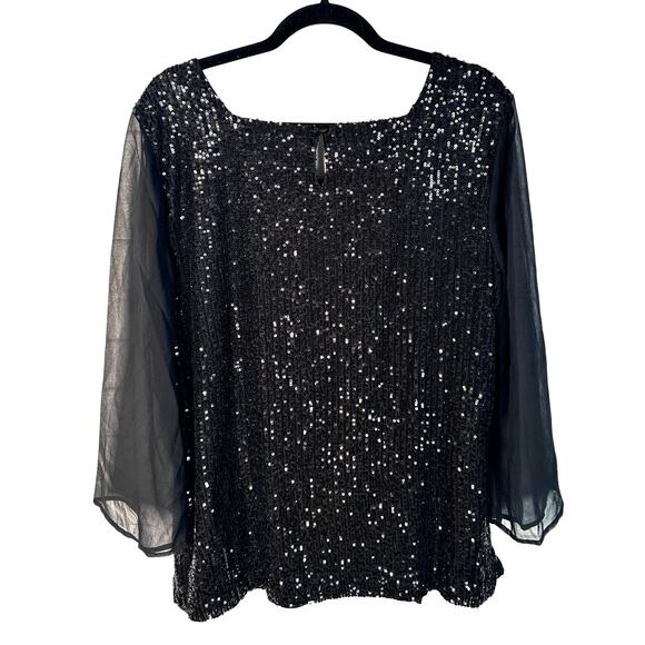 Tahari L Sequin Blouse Sheer Long Sleeves Square Neck Top Pullover Fancy Black - Picture 3 of 7